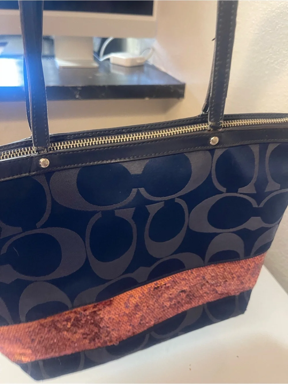 Coach Black Signature Tote with Copper Sequin Stripe